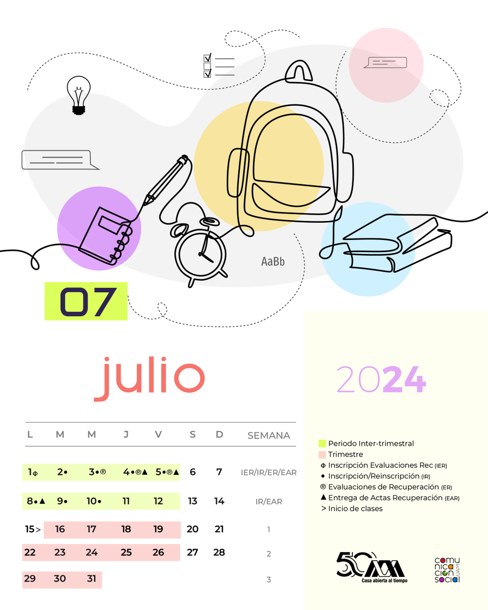 🗓️ ¡Consulta el calendario escolar correspondiente a JULIO!
.
#SoyUAM #UAM50 #CalendarioUAM #UAMResponsable