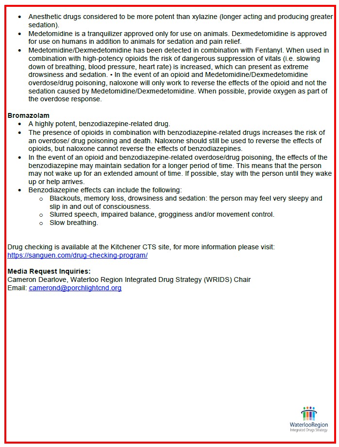 Community Drug Alert for #WaterlooRegion, increase in reported drug poisonings.  
Substances of concern, including "Liquid Xanax" in the unregulated supply. Carry Naloxone &amp; stay safe, the CTS and drug checking is open at 150 Duke St. West  Full alert: tinyurl.com/2s4yr3t9