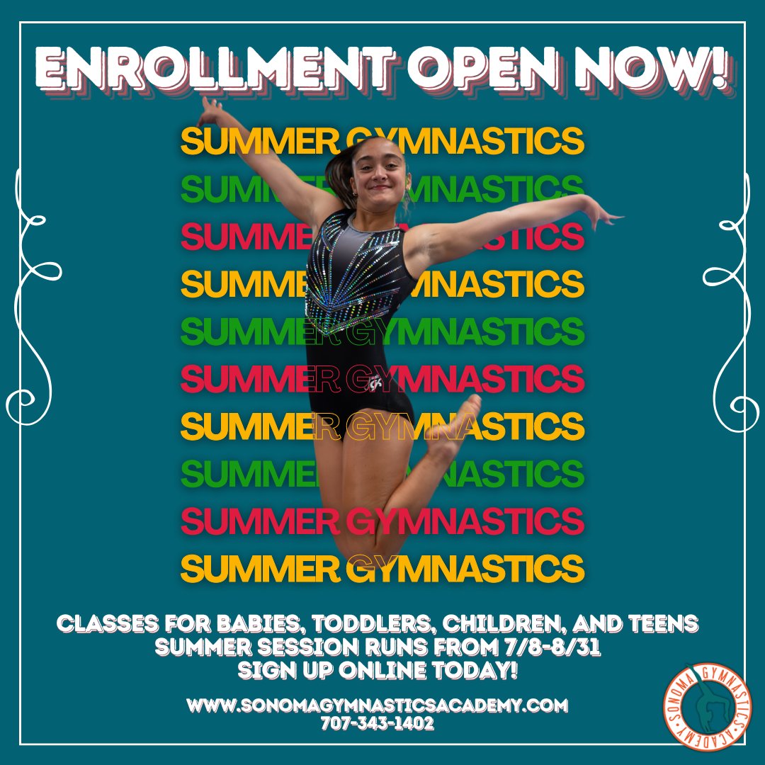We're just DAYS away from our Summer Session!

From 7/8-8/31, babies, toddlers, kids, &amp; teens can learn gymnastics &amp; parkour basics. And our 4th of July sale means all camps/classes are 15% off! 

Sign up NOW:
sonomagymnasticsacademy.com/classes/

#sonoma #sonomacounty #sale #gymnastics #gym
