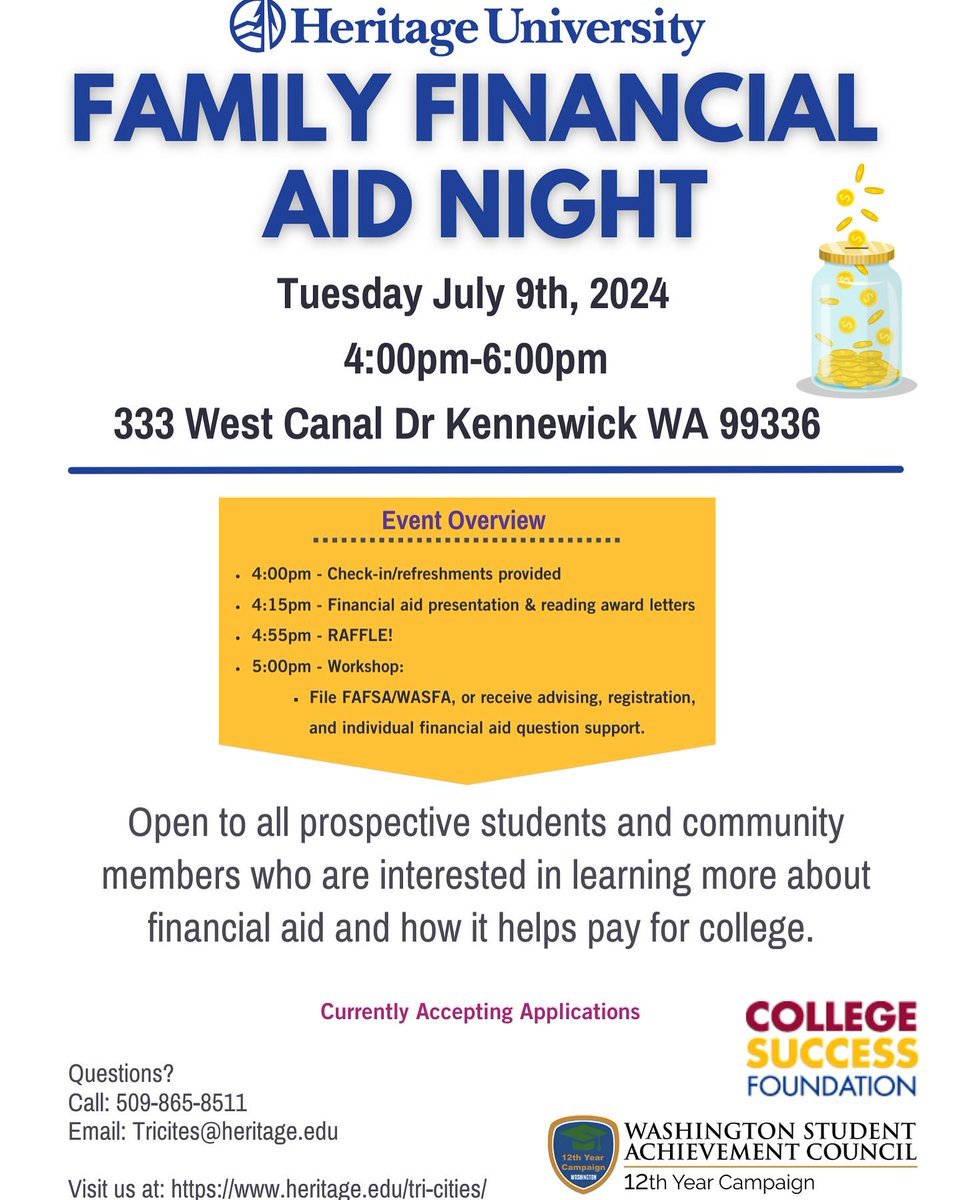 Heritage University (@hueagles) on Twitter photo Join <a href="/HUTCEagles/">HUTCEagles</a> at our Kennewick location on Tuesday, July 9 to learn how financial aid can help you pursue your career goals in college! Join <a href="/HUTCEagles/">HUTCEagles</a> at our Kennewick location on Tuesday, July 9 to learn how financial aid can help you pursue your career goals in college!