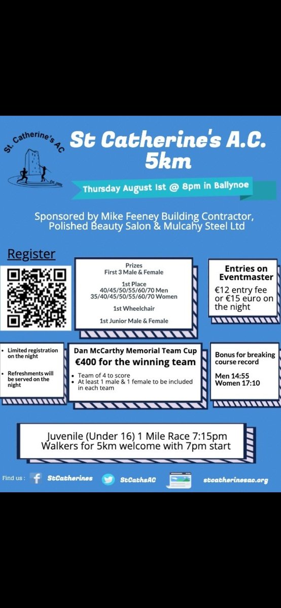 Thursday August 1st.... Looking forward to welcoming you all to Ballynoe again for our 5k. Can anyone get near Tim O Donughue's <a href="/AthCork/">East Cork Ath Div</a> 14.55 or Jessica Coyne's <a href="/LeevaleAC/">Leevale</a> 17.10 course records.
