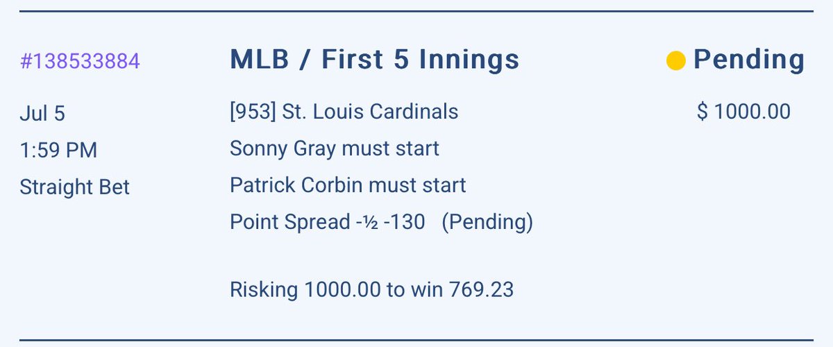 pardonmypick's tweet image. SENDING TODAYS $2000 MAX WHALEPLAY 🐳🐳🐳 TO A FEW THAT RETWEET/LIKE ‼️

7-1 MAX PLAY RUN 🤑🤑🤑

$1000 1U MLB FREEPLAY ⚾️

CARDINALS F5 -0.5 -130

DROP A LIKE IF UR TAILING!!! 🔥🔥🔥
