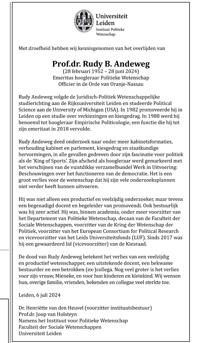 Markla94's tweet photo. Ach nee! De iconische Leidse politicoloog Rudy Andeweg is overleden. 

Generaties politicologen zaten bij hem in de collegebanken. https://t.co/c7NIfSVaVU