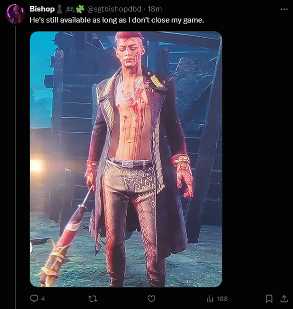 DrEvilBadRex's tweet photo. I try hard to not use my platform to be too negative but I think this warrants an exception

SgtBishop has not only admitted to using Trickster with the knowledge that he's bugged, but has actively kept his game open to avoid the killswitch. This is 100% bannable @DeadbyDaylight https://t.co/mQ6zK8hh1E