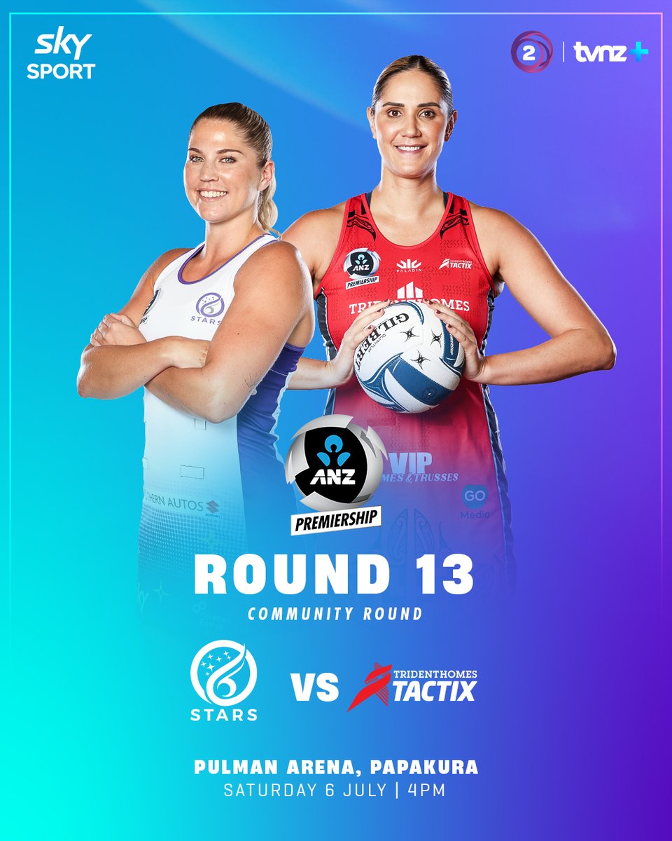 ANZ Premiership (@anzpremiership) on Twitter photo It's a big afternoon in Auckland with Stars Netball hosting the Tactix, 4pm at Pulman Arena. Match day also features the Stars Men v Mystics Men as the curtain raiser at 2pm.
Watch both games live on <a href="/skysportnz/">Sky Sport NZ</a>, with Stars v Tactix also free to air on TVNZ 2 and TVNZ+ It's a big afternoon in Auckland with Stars Netball hosting the Tactix, 4pm at Pulman Arena. Match day also features the Stars Men v Mystics Men as the curtain raiser at 2pm.
Watch both games live on <a href="/skysportnz/">Sky Sport NZ</a>, with Stars v Tactix also free to air on TVNZ 2 and TVNZ+