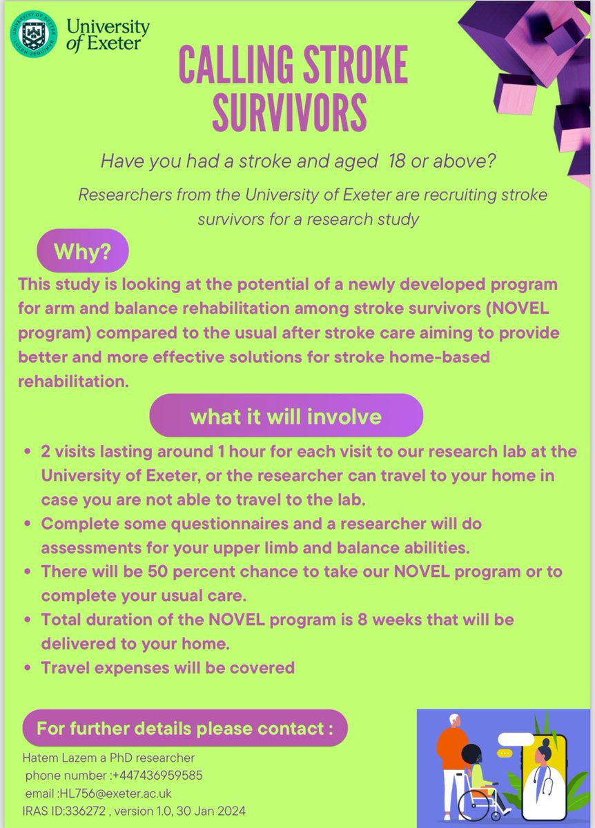 Calling people with stroke to participate is a feasibility study using our newly developed non-immersive VR tele-rehabilitation platform including upper limb and balance exercises. <a href="/abijhall/">Abi Hall</a>  <a href="/helendawes2/">Prof. Helen Dawes</a>  <a href="/MaedehMnsb/">Maedeh Mansoubi</a> <a href="/David_J_Harris/">David Harris</a>