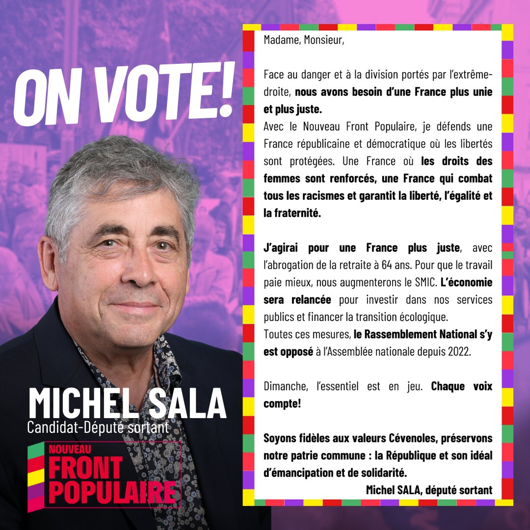 🔴Le 7 juillet, on vote #NouveauFrontPopulaire!

Nous portons le projet d'une France réconciliée, où les valeurs de notre République sont défendues et appliquées: Liberté, Egalité, Fraternité.

Faisons le choix de la responsabilité face au désordre du Rassemblement National.