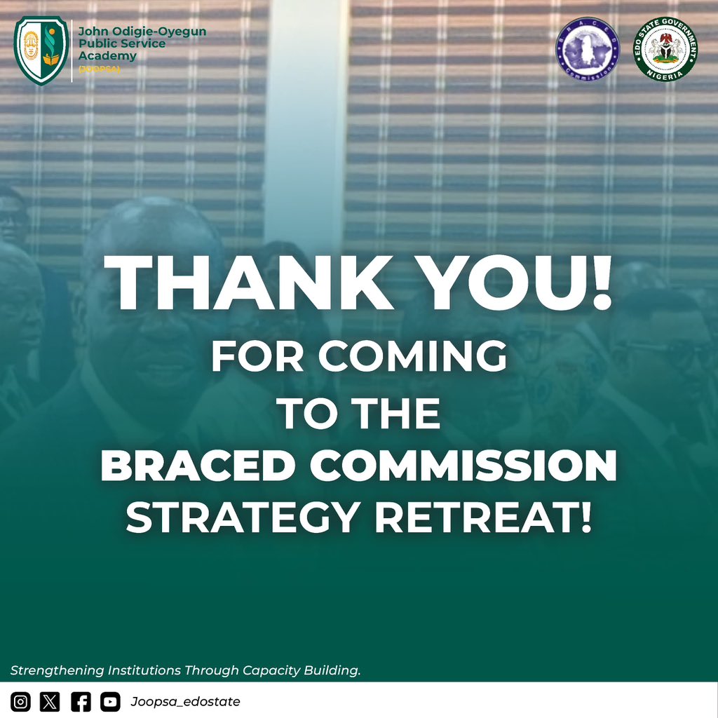 joopsa_edostate's tweet photo. Special Thanks to all our stakeholders for making the BRACED Commission Strategy Retreat Programme for Heads of Service a Success🙏

.
.
.
…Think Training, Think JOOPSA!

#BRACEDRetreat2024
#JOOPSA
#edostate
#publicservice
#teamjoopsa https://t.co/GEDRMIlnky