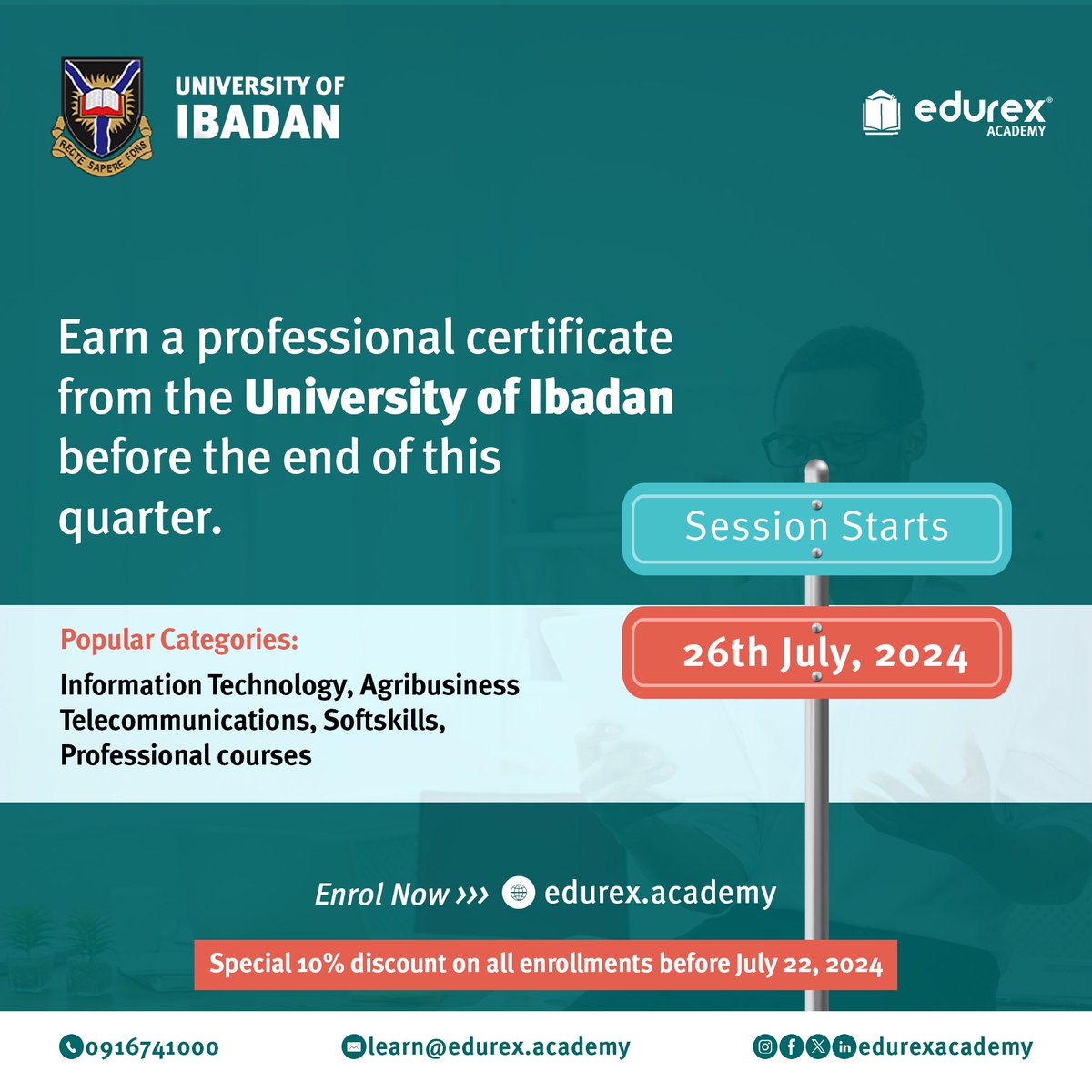 Edurex_Academy's tweet photo. Secure your spot today and earn an online certificate from the university of Ibadan!

Enrol now for our new July session and enjoy a 10% discount! 

To register, visit https://t.co/qrW4gxHGcr or call +2349167410000. +2349167420000 today.

#UniversityofIbadan #EdurexAcademy https://t.co/TssWiLkbXn