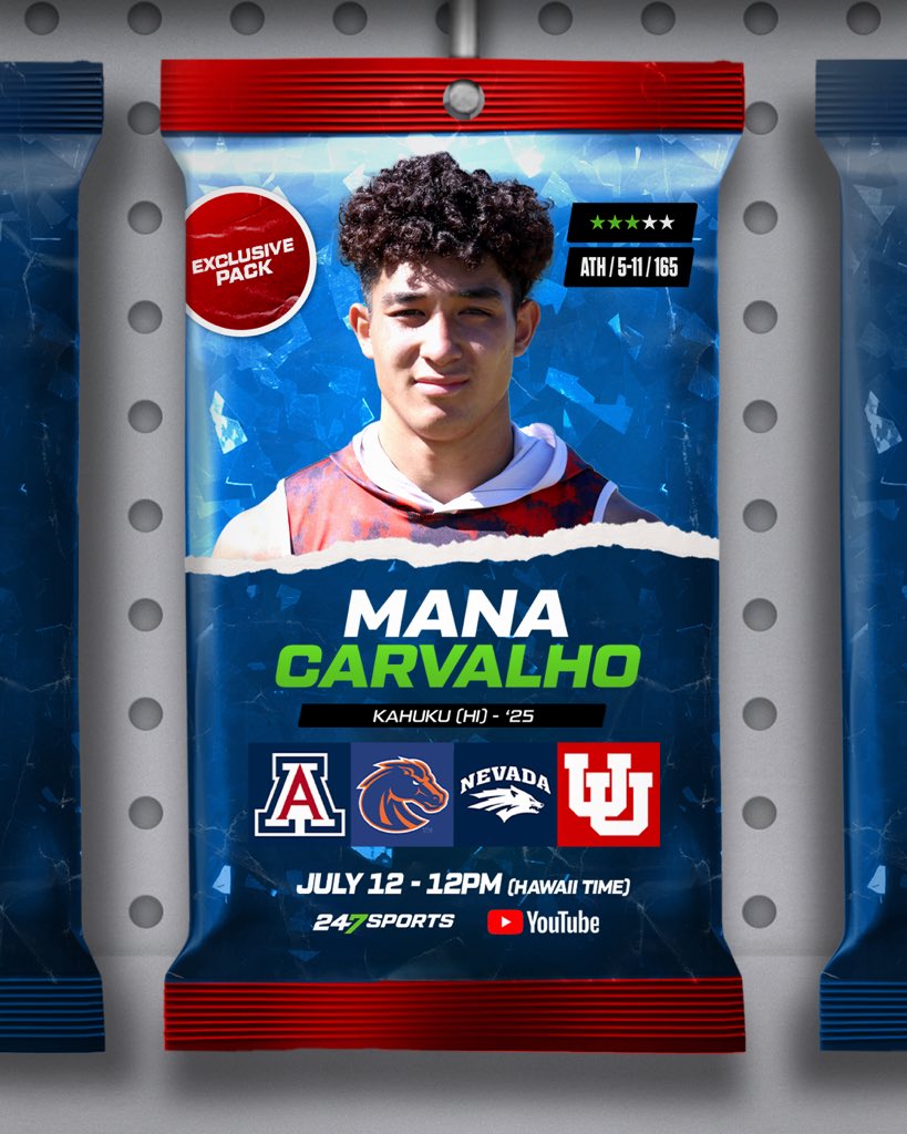 BrandonHuffman's tweet photo. Kahuku (Hawaii) athlete Mana Carvalho will announce his decision on the @247Sports YouTube channel on Friday, July 12 and four schools remain in the mix for him https://t.co/9WrzMkW257 https://t.co/GkcYSjiLAt