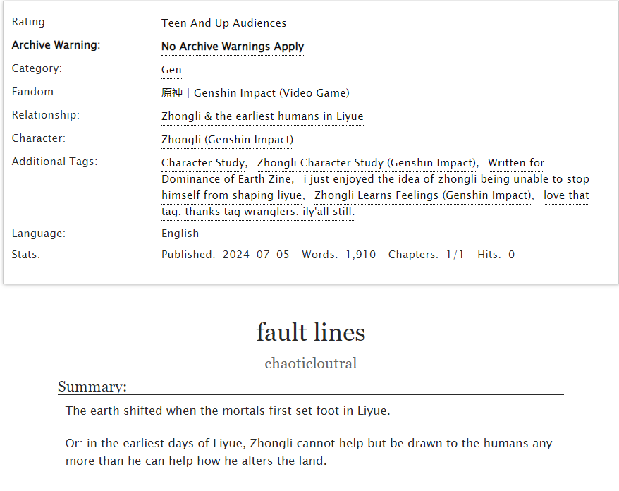 My fic for <a href="/dominancezine/">Dominance of Earth 🔸 Completed.</a> is finally available! I was really proud of this one, especially as writing about Zhongli's very early life isn't something I'd really done before. 

archiveofourown.org/works/57151813

links to zine leftover sales in thread!
