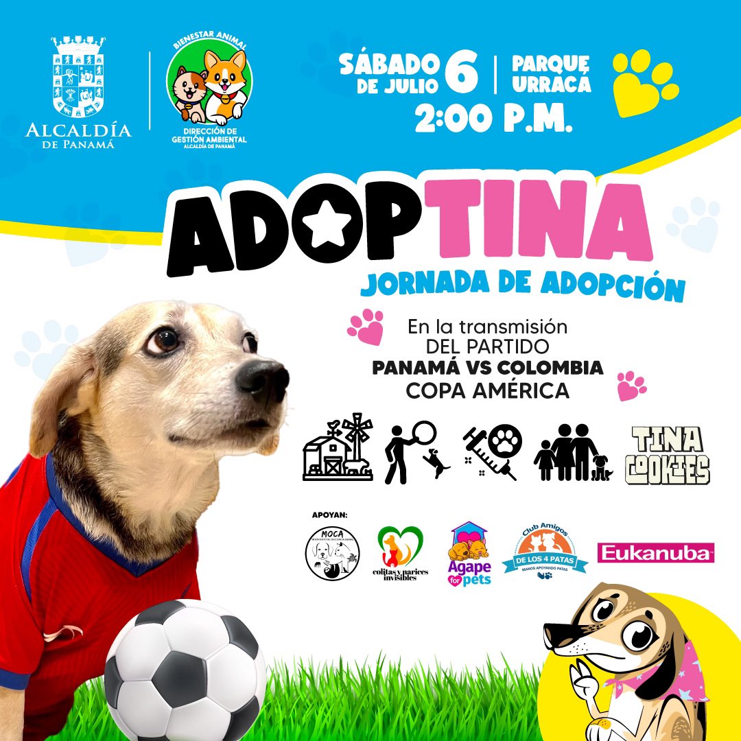 Vamos todo a apoyar a la sele y a los animalitos 🐶🐾

Este sábado 06 de Julio tendremos:

⭐️Jornada de Adopción ADOPTINA y Feria Familiar a partir de las 2:00 p.m.

⭐️Transmisión del partido Panamá vs Colombia a las 5:00 p.m.

¡Te esperamos! <a href="/Mayer/">Mayer Mizrachi</a>
