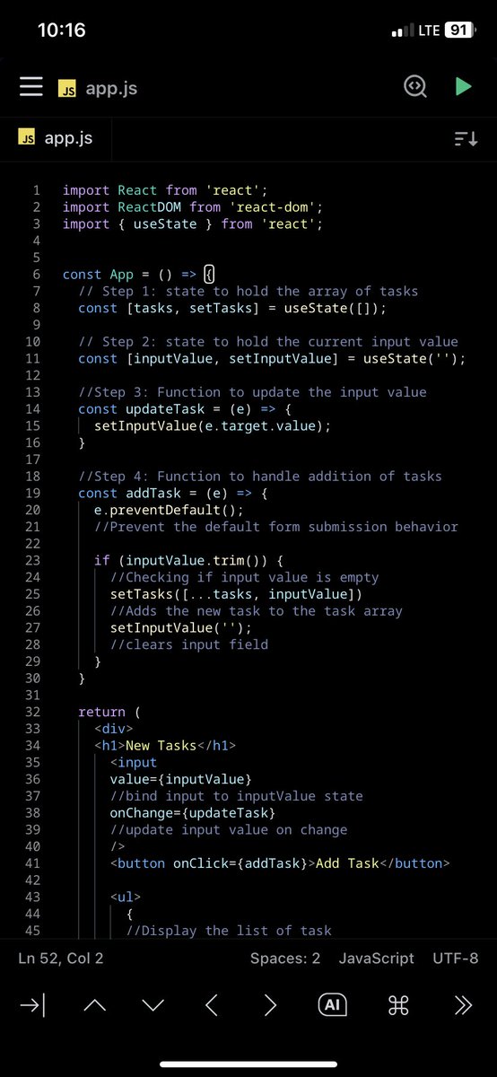 ugwumba_frank's tweet image. Day 4 of my React practice challenge! Today, I focused on using React Hooks(useState in particular) to create a simple to-do list. Learning so much! 🚀 #ReactChallenge #Day3 #ReactJs #Reactpracticechallenge
See you tomorrow 🫵