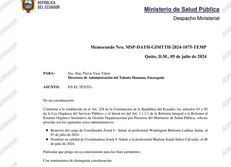 Trabajadores  de la #Salud rechazamos  presunta designación de  Dra. Marlene Saltos como Coordinadora <a href="/Salud_CZ8/">Coordinación Zonal 8 🇪🇨</a> del tiempo de Dra. Verónica Espinoza la  #MinistradelaMuerte 
<a href="/DanielNoboaOk/">Daniel Noboa Azin</a>
<a href="/DrAntonioNaran/">Dr. Antonio Naranjo Paz y Miño</a>
<a href="/FMEcuador/">federacionmedicaec</a>
<a href="/CMGuayas/">CMG</a>
<a href="/LaPosta_Ecu/">La Posta</a>
<a href="/ecuavisa/">Ecuavisa</a>
<a href="/RTSEcuador/">RTS</a>
<a href="/eluniversocom/">El Universo</a>