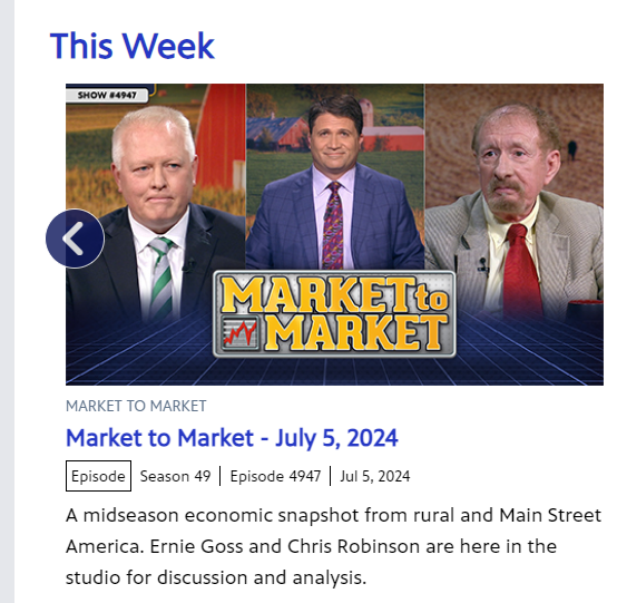 This evening at 8pm (Central) on Iowa Public TV's Market-to-Market join Chris Robinson, Director of Commodity Trading with Chicago's TJM, Paul Yeager, Emmy Award winning host, and me as we discuss the risks and opportunities facing the economy.