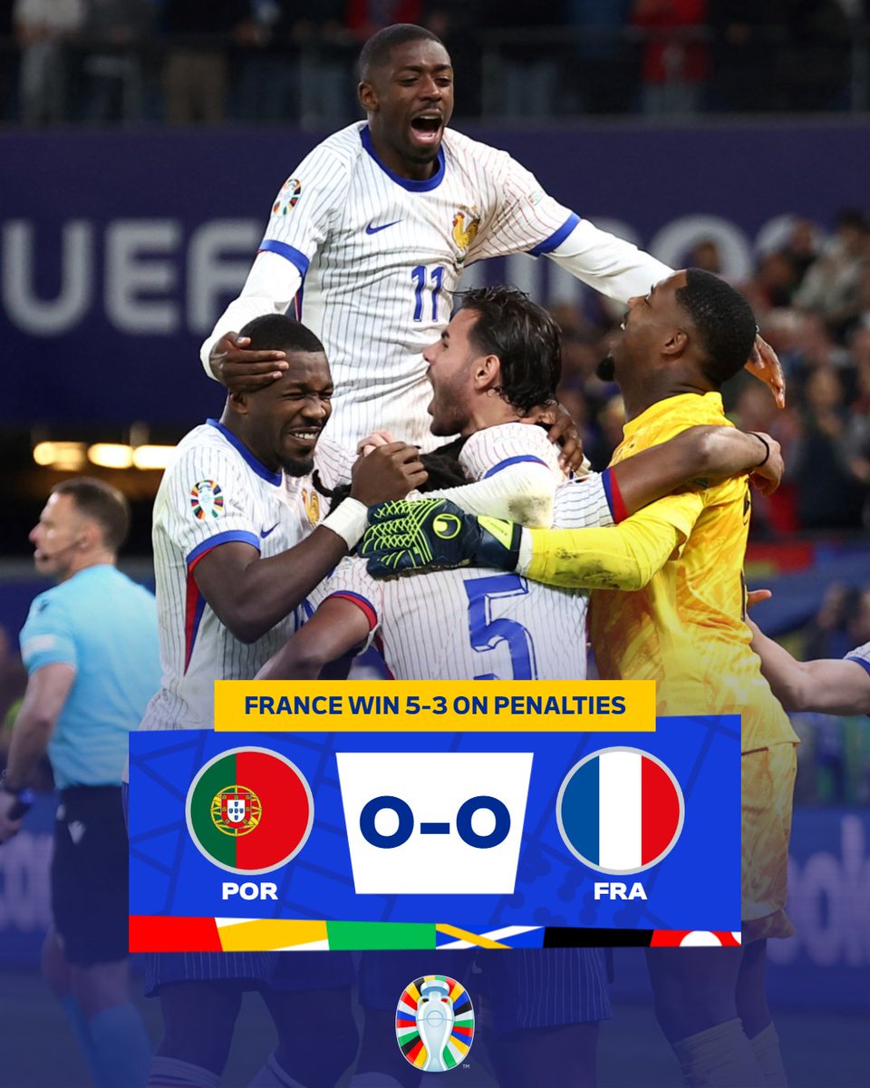 UEFAEURO's tweet photo. 🇫🇷 France are faultless in the penalty shootout to advance 👏

#EURO2024 | #PORFRA https://t.co/6jdxFKs3XM