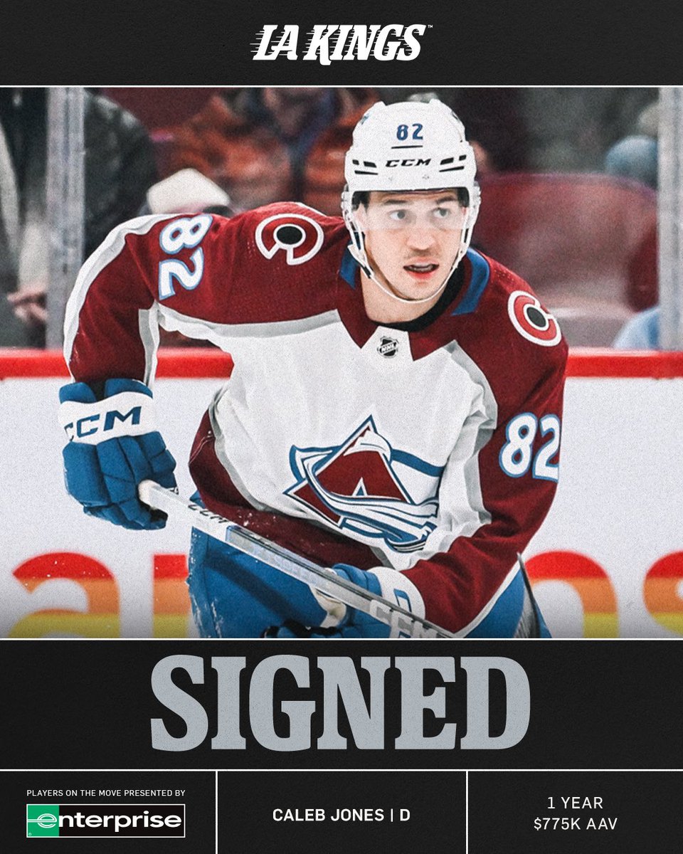 LAKings's tweet photo. We’ve signed defenseman Caleb Jones to a one-year, two-way contract. 

Full Release 📲 https://t.co/e3F7KK0YYt

@Enterprise | #GoKingsGo https://t.co/YKfgJuPHut