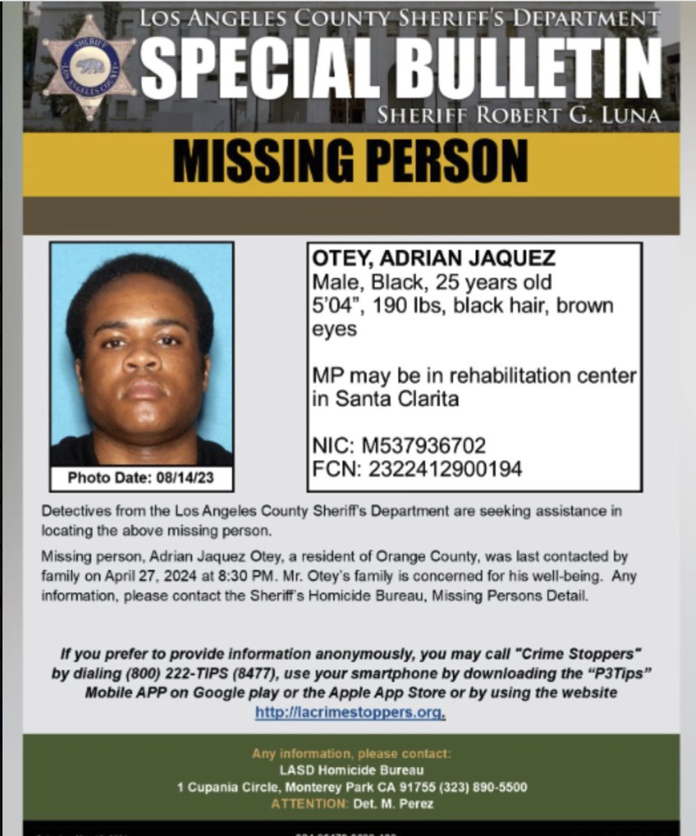 We continue to search for 25-year-old Black male Adrian Otey, who goes by “AJ.”
AJ has been out of touch with family and friends since April, which is very uncharacteristic of him. There is a likelihood that AJ is around Downtown Los Angeles. If you have any information, please