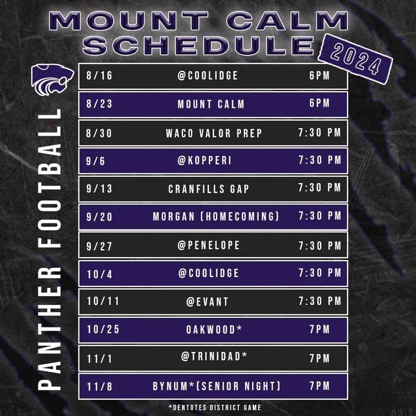 MtCalmFootball's tweet photo. The Mount Calm Panthers varsity football schedule is here!!🏈

(8/16 &amp; 8/23 are Scrimmages)
@Texas1AFan @WacoTribSports @sixmanfb https://t.co/VR0ZW42FXf