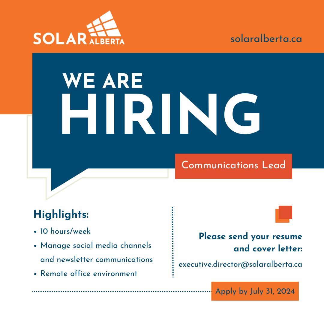 solaralberta's tweet photo. Solar Alberta is seeking a part-time Communications Lead to manage all of our social media channels and newsletter communications. More info can be found here: https://t.co/ADOL5Jf3Wp 

Email your cover letter and resume to Heather MacKenzie at executive.director@solaralberta.ca. https://t.co/iV4pmkrmJs