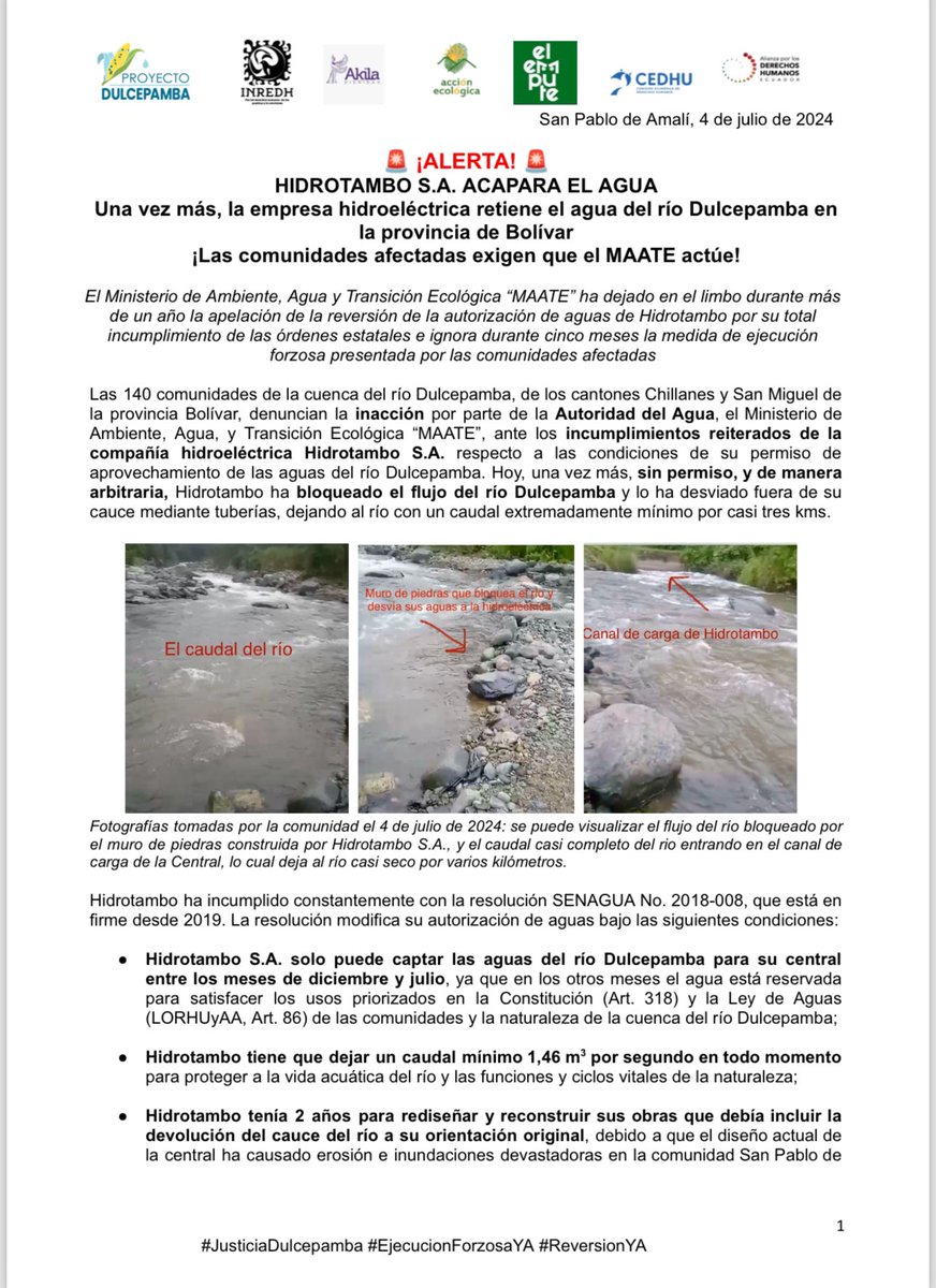 Cedhu's tweet photo. 🚨 ¡ALERTA! 🚨
HIDROTAMBO S.A. ACAPARA EL AGUA
Una vez más, la empresa hidroeléctrica retiene el agua del río #Dulcepamba en la provincia de Bolívar
¡Las comunidades afectadas exigen que el @Ambiente_Ec actúe!
#JusticiaDulcepamba #EjecucionForzosaYA #ReversionYA
@SadeFritschiEc @MAATE_Zonal5 @CorteConstEcu @DEFENSORIAEC