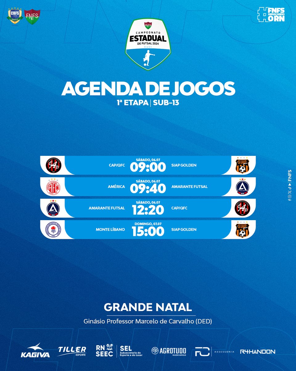 fnfsrn's tweet photo. Agenda de jogos da 1ª etapa da grande Natal do Campeonato Norte Rio-grandense de Base 2024, categorias sub-12,13,14 e 15.

Sede: Natal
Período: 06 e 07 de julho
Local: Ginásio Prof. Marcelo de Carvalho (DED)

#fnfsabracandoorn #futsal #base2024 #natalrn https://t.co/St0uh27WWc