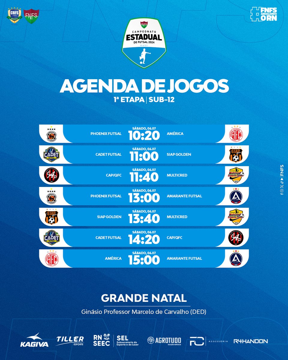 fnfsrn's tweet photo. Agenda de jogos da 1ª etapa da grande Natal do Campeonato Norte Rio-grandense de Base 2024, categorias sub-12,13,14 e 15.

Sede: Natal
Período: 06 e 07 de julho
Local: Ginásio Prof. Marcelo de Carvalho (DED)

#fnfsabracandoorn #futsal #base2024 #natalrn https://t.co/St0uh27WWc