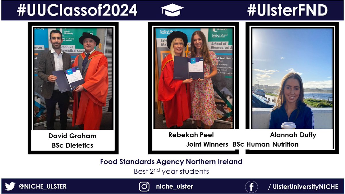🎓Class of 2024 #UlsterFND Prize Winners 🎓 

Congratulations to the winners of the <a href="/FSAinNI/">FSA in NI</a> prize for the highest overall mark in year 2 

BSc Dietetics: David Graham

Bsc Human Nutrition: Joint Winners  Rebekah Peel &amp; Alannah Duffy