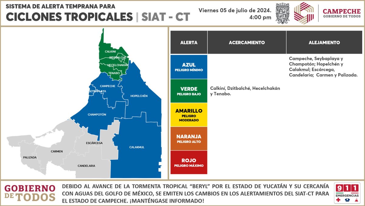 LaydaSansores's tweet image. Se emite Alerta Azul de Alejamiento para Campeche, Seybaplaya, Champotón, Hopelchén, Calakmul, Escárcega, Candelaria, Carmen y Palizada.

Y Alerta Verde de Acercamiento para Calkiní, Dzitbalché, Hecelchakán y Tenabo.