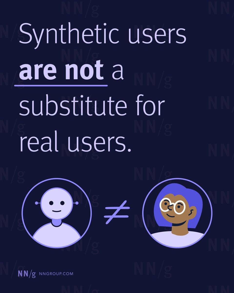 NNgroup's tweet photo. Is fake research better than none? In UX, real-user research is crucial. Beware of synthetic users &amp; AI findings—they’re hypotheses, not facts! Learn how to use them responsibly in this article: https://t.co/MX4a6200Cw #ChatGPT #UXResearch #AI https://t.co/UPXpGsVFoI