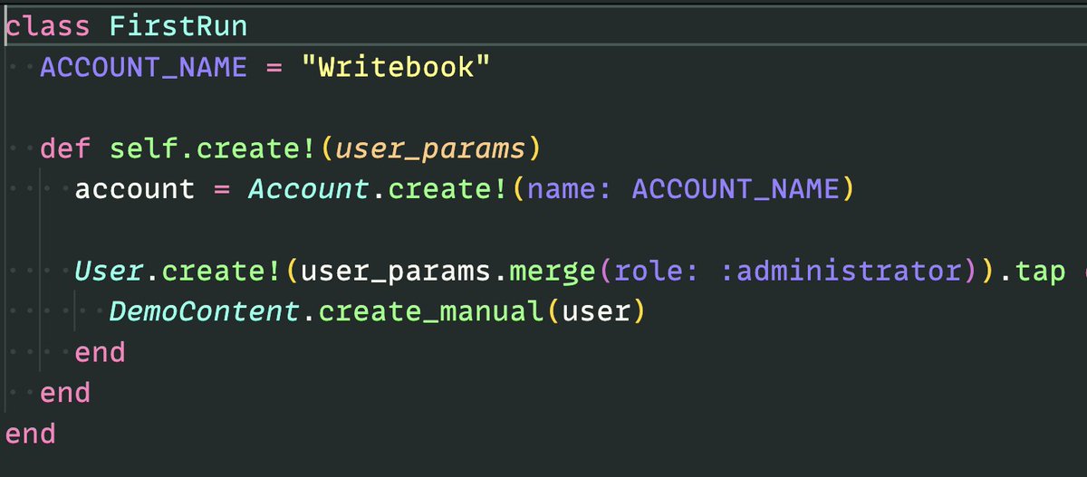 📘 Writebook source-diving: Service objects?!

Probably as close to a service object as you'll see: for situational code like `FirstRun` and `DemoContent`, the codebase has basic models that aren't persisted to the database, but use familiar names like `create!`

It's basic but