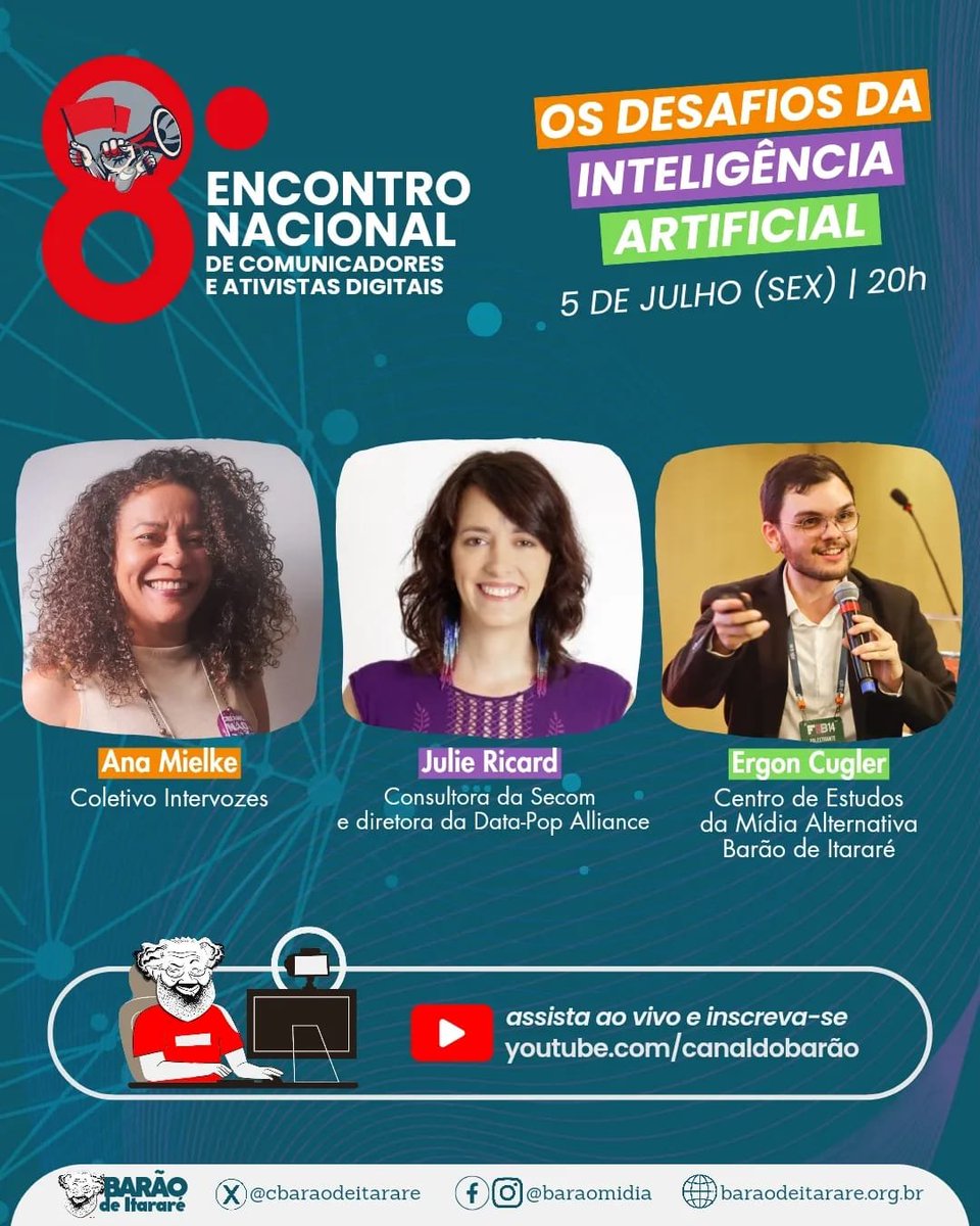🔴 ALERTA DE DEBATE IMPERDÍVEL NO CANAL DO BARÃO!

A partir das 20h, <a href="/anacmielke/">Ana Mielke ✊🏾💜🌻</a> (<a href="/intervozes/">Intervozes</a>), <a href="/ricardjulie/">Julie Ricard</a> e <a href="/ergonbr/">Ergon Cugler</a> falarão sobre os desafios colocados pela Inteligência Artificial [e a regulação das plataformas!]

#8BlogProg | Assista ao vivo: youtube.com/watch?v=X62w2w…