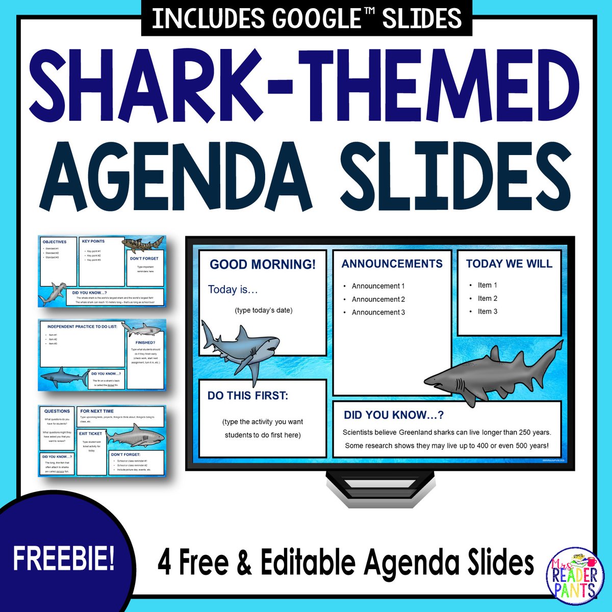 Free Agenda Slides for Shark Week, which starts Sunday! These are a fun way to share important information with students during Shark Week or any time of year!

bit.ly/3zpiJiQ

#twitterlibrarian #elementarylibrarian #sharks #sharkweek