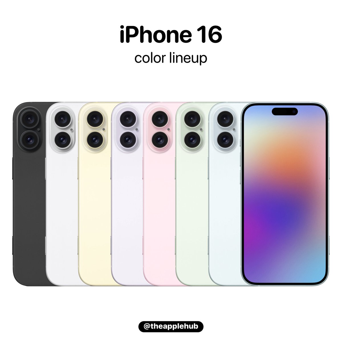 theapplehub's tweet photo. The iPhone 16 is rumored to be available in these colors:

- Black
- White
- Yellow
- Purple
- Pink
- Green
- Blue

Which color would you pick? https://t.co/jQs7aAMy4k