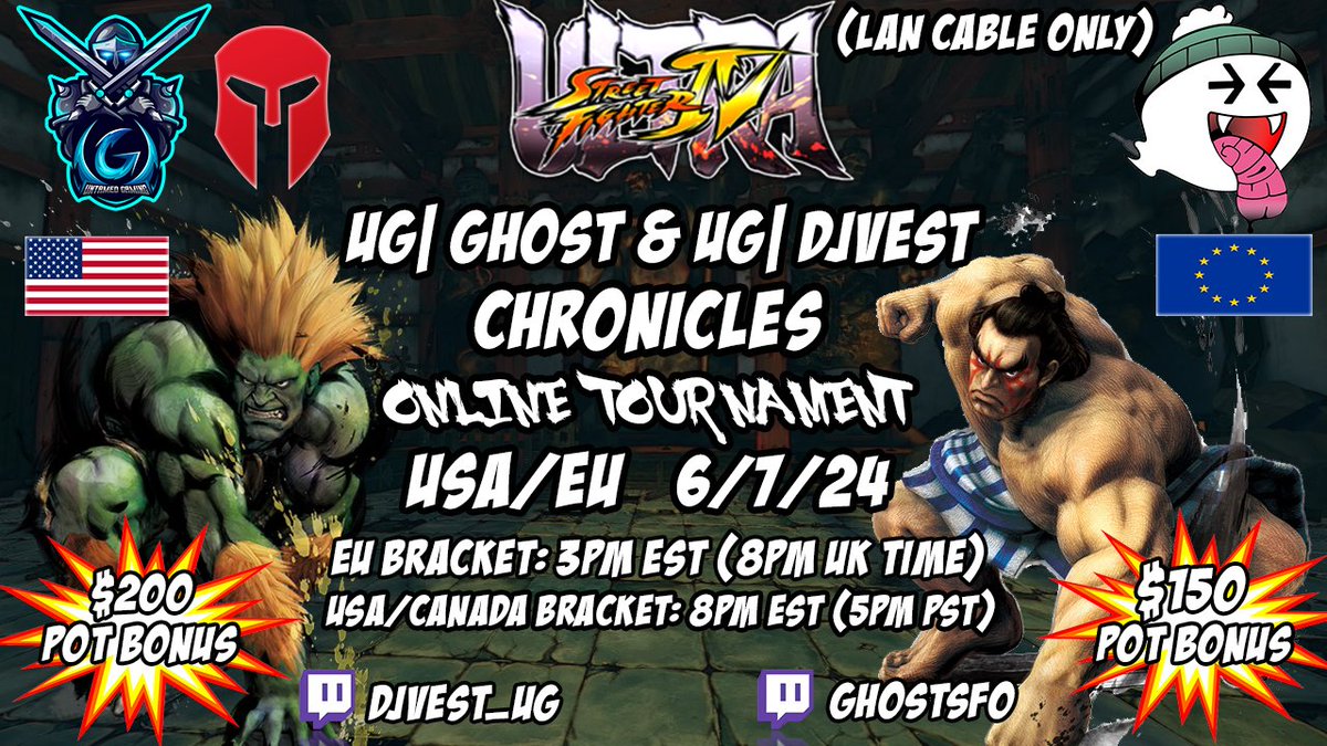 UG| Ghost 👻 (@ghostsfo) on Twitter photo Tomorrow I am hosting a USF4 tournament online with $150 pot bonus + paid entry to <a href="/vsfighting/">VSFighting</a> courtesy of <a href="/UntamedGaming2/">UntamedGaming</a>
The winner will have their venue entry and 2 games paid for. EU PC only, retweet and spread the word 🐦
(join the discord, link below) Tomorrow I am hosting a USF4 tournament online with $150 pot bonus + paid entry to <a href="/vsfighting/">VSFighting</a> courtesy of <a href="/UntamedGaming2/">UntamedGaming</a>
The winner will have their venue entry and 2 games paid for. EU PC only, retweet and spread the word 🐦
(join the discord, link below)