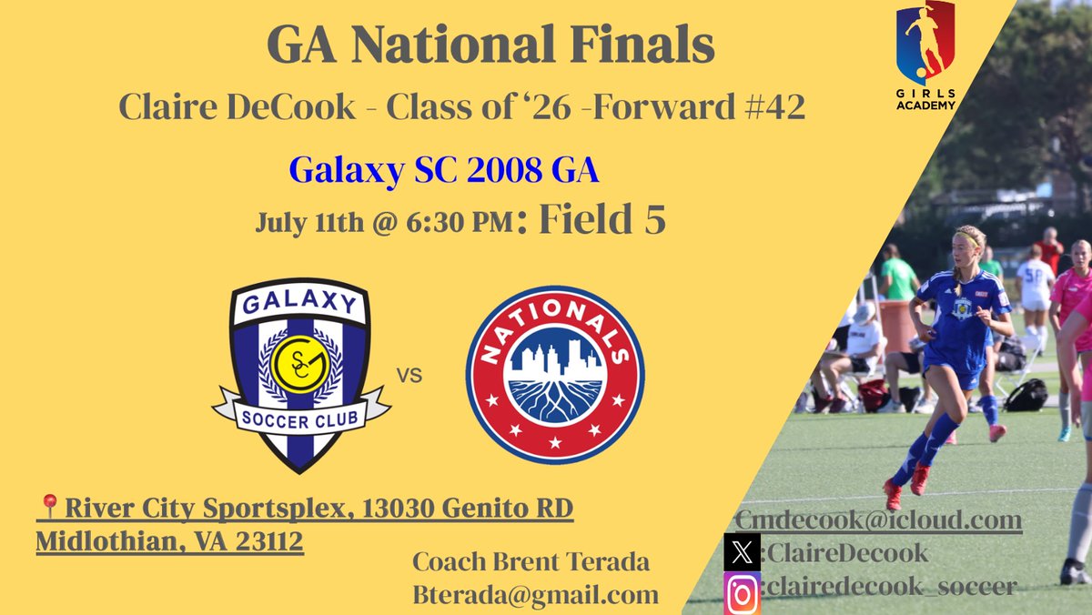 Claire DeCook (@clairedecook) on Twitter photo Can’t wait to play in the Elite 8 of the GA National Finals representing <a href="/GalaxySCIL/">Galaxy Soccer Club</a> in Richmond, Virginia!
<a href="/GAcademyLeague/">Girls Academy</a>
<a href="/PrepSoccer/">Prep Soccer ⚽️</a>
<a href="/TopDrawerSoccer/">TopDrawerSoccer</a> Can’t wait to play in the Elite 8 of the GA National Finals representing <a href="/GalaxySCIL/">Galaxy Soccer Club</a> in Richmond, Virginia!
<a href="/GAcademyLeague/">Girls Academy</a>
<a href="/PrepSoccer/">Prep Soccer ⚽️</a>
<a href="/TopDrawerSoccer/">TopDrawerSoccer</a>
