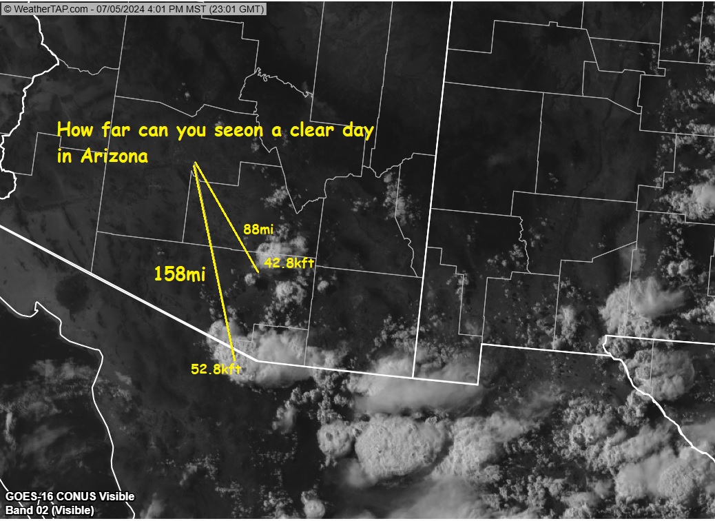 papahenz_wx's tweet photo. Skies are clear in Phoenix. You probably noticed t-storms to S.  How far away are they? Closest one is 88 miles nr Oro Valley and tops at 42,800ft. Far storm is on AZ/MX border near Nogales. It's 52, 800ft tall and 158 miles away. Good eyes. #azwx https://t.co/YIdGpcvRAL
