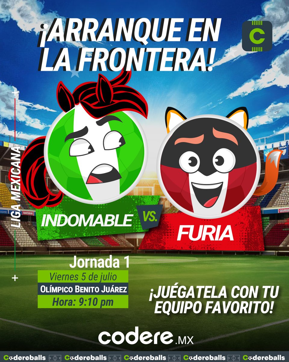 CodereMX's tweet photo. 🐴¡OBJETIVOS CLAROS!🦊
Sobrinos, rojinegros y fronterizos aspiran a estar ahora sí en liguilla, para ello tendrán que iniciar el torneo a full.
#Codereballs Furia quiere revivir su época de gloria, para ello deberá batir a Indomable. ¿Podrá? https://t.co/E48VjP9bPv
