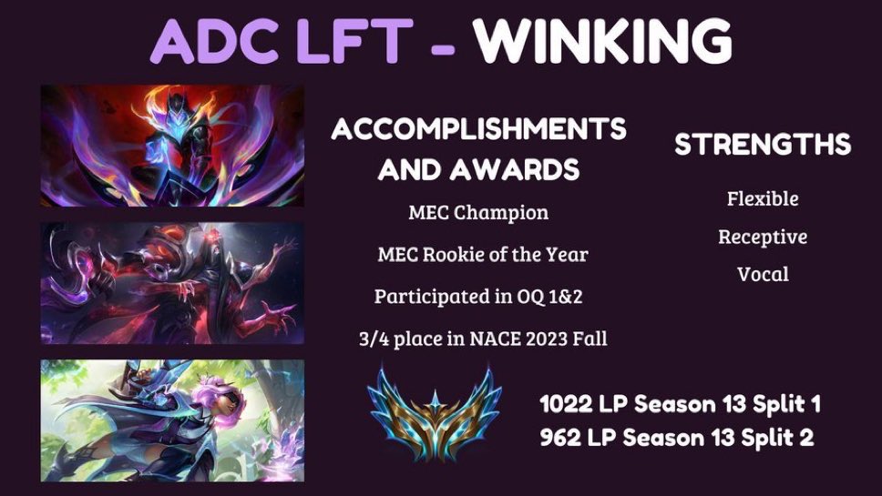 LFT Summer OQ2

Top 16 CLOL 2024
Top 16 Summer OQ1

I'm happy to have gotten top 16 my 3rd time competing in OQ, but I'm ready to continue pushing and make it even further for OQ2. 

Likes + Retweets appreciated ❤️🔄
Discord: winking