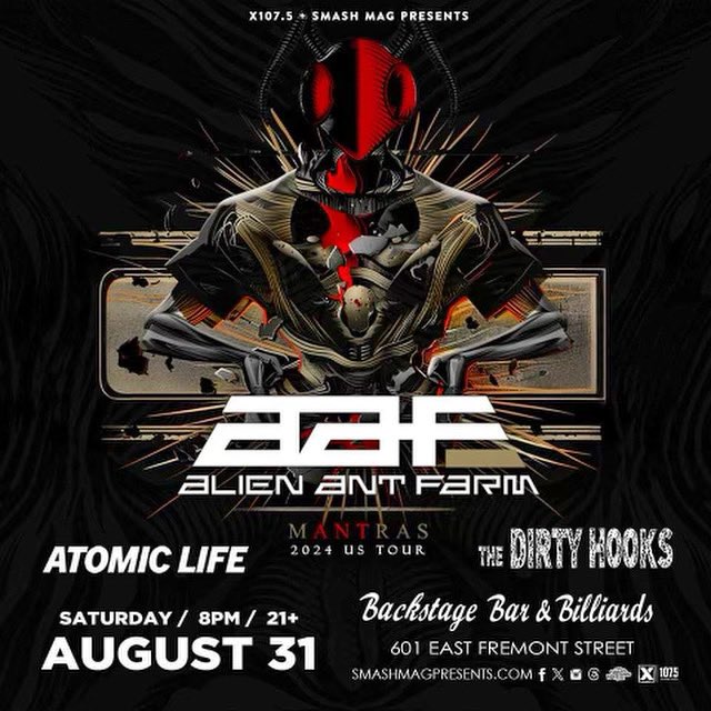 Stoked to announce we will be joining @alienantfarmofficial 8/31 at @backstagebarlv in DTLV.  Tickets are available now, link is on our page!  Also playing is @atomiclifeofficial.  This show is 21+. 🤘🏻#thedirtyhooks #alienantfarm #dtlv #fyp