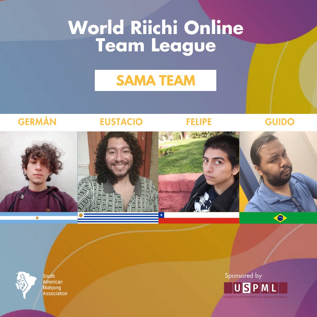 SAMAhjong's tweet photo. The #SAMA team is competing in the @WorldRiichi
Online Team League! 🀄

Germán 🇦🇷, Eustacio 🇺🇾, Felipe 🇨🇱, and Guido 🇧🇷 will be representing the South American Association in this 4-month league! 🌎

Big thanks to #WRC and @USPML🤗 https://t.co/Ax9wYPYbH3