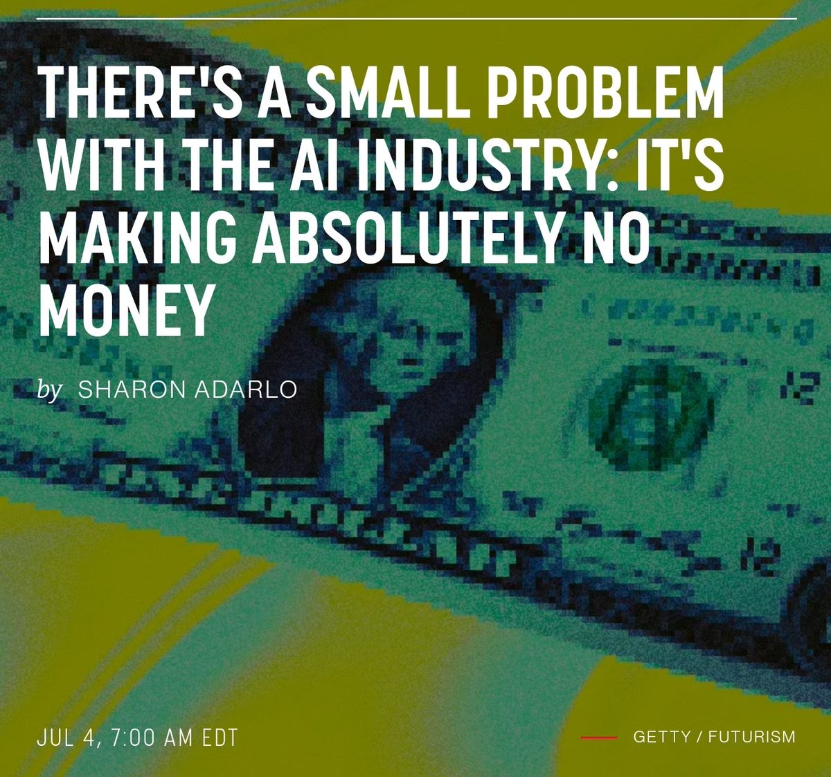 Rahll's tweet photo. "AI's market penetration is also surprisingly shallow. Only five percent of businesses are using AI, according to a US Census Bureau report."

There's a stark contrast between how much money is being spent on AI versus how much it's actually being used 🫧

https://t.co/0hNi3jieNK https://t.co/2V4QwTsZvl