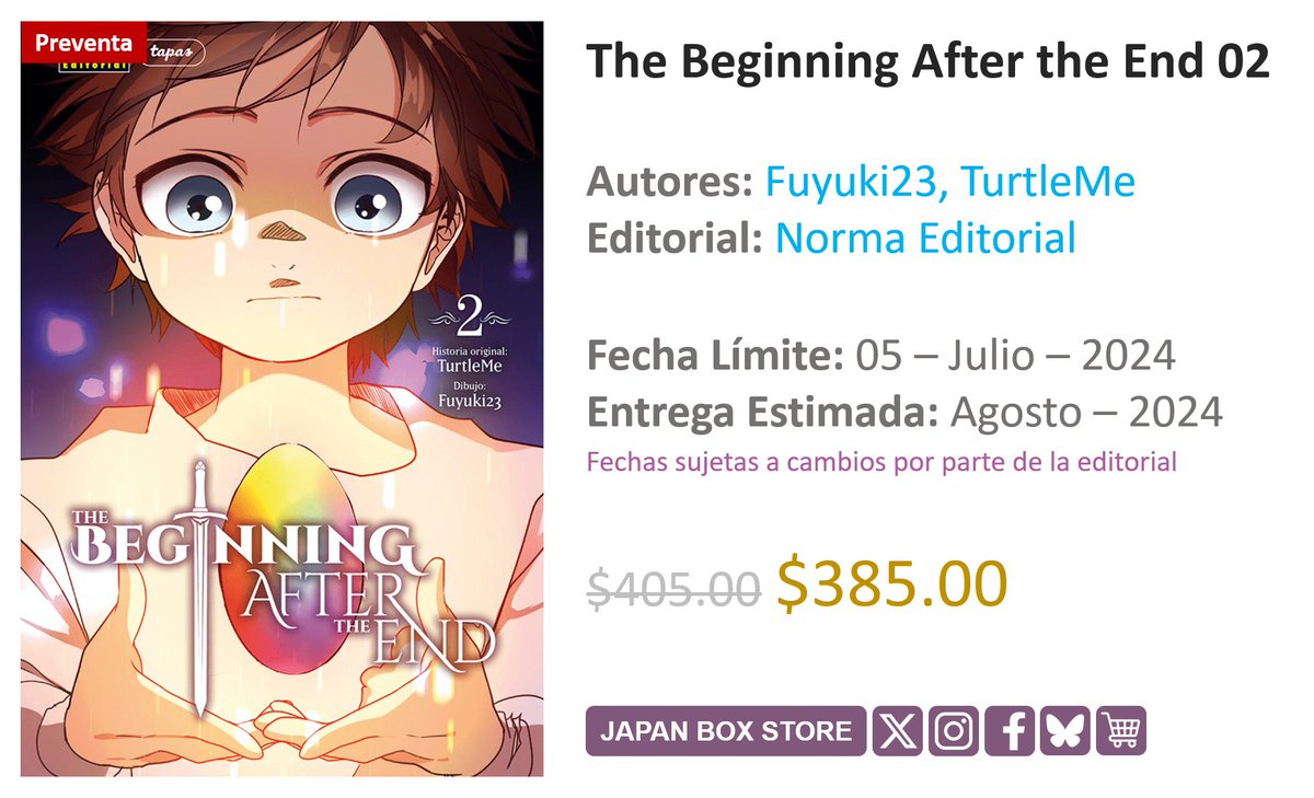 JapanBoxStore's tweet image. [ Preventa ] The Beginning After the End 02 ✨
👥 #Fuyuki23 / #TurtleMe
📚 #NormaEditorial

📅 Fecha Límite: 05 - Julio - 2024
🛒 Tienda en línea: bit.ly/3VWfpU7
📦 Envíos a toda la República Mexicana

#Manhwa #Shonen #MangaMéxico