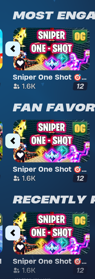 SniperOneShotFN's tweet photo. Awesome to see Sniper One Shot as the #1 Top Rated map as well as many other top rows! 📈
After 5+ years of success it's still holding strong as the oldest map in discover! 🤯 #SniperOneShot https://t.co/3MdE87FuUf