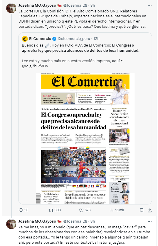 Hoy es un día hermoso en la historia del periodismo peruano y lo protagonizan dos chicas a las que aprecio mucho por su inteligencia y valentía.
Abrazos enormes <a href="/DrusilaZileri/">Drusila Zileri</a> <a href="/Josefina_28/">Josefina Miro Quesada Gayoso 🍉</a>