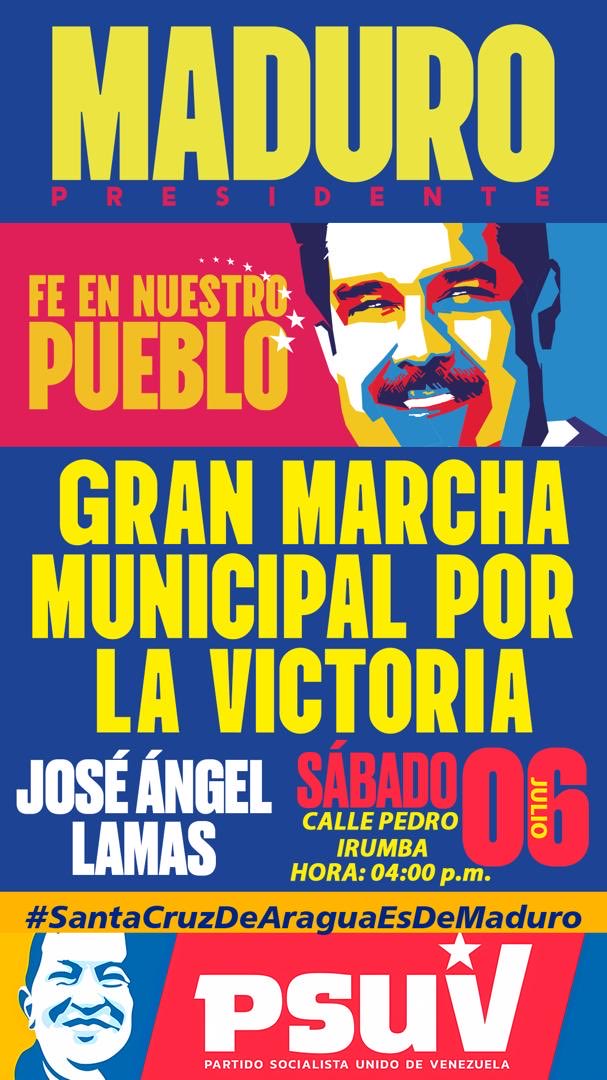 Vamos todos y todas los revolucionarios (a) sin falta a la gran marcha municipal por la victoria en el municipio lamas sábado 4:00pm calle Pedro Irumba venceremos con ⁦<a href="/NicolasMaduro/">Nicolás Maduro</a>⁩ . ⁦<a href="/dcabellor/">Diosdado Cabello R</a>⁩ ⁦<a href="/pinfantea/">Pedro Infante A.</a>⁩ ⁦<a href="/ramolinap/">Ricardo Molina</a>⁩