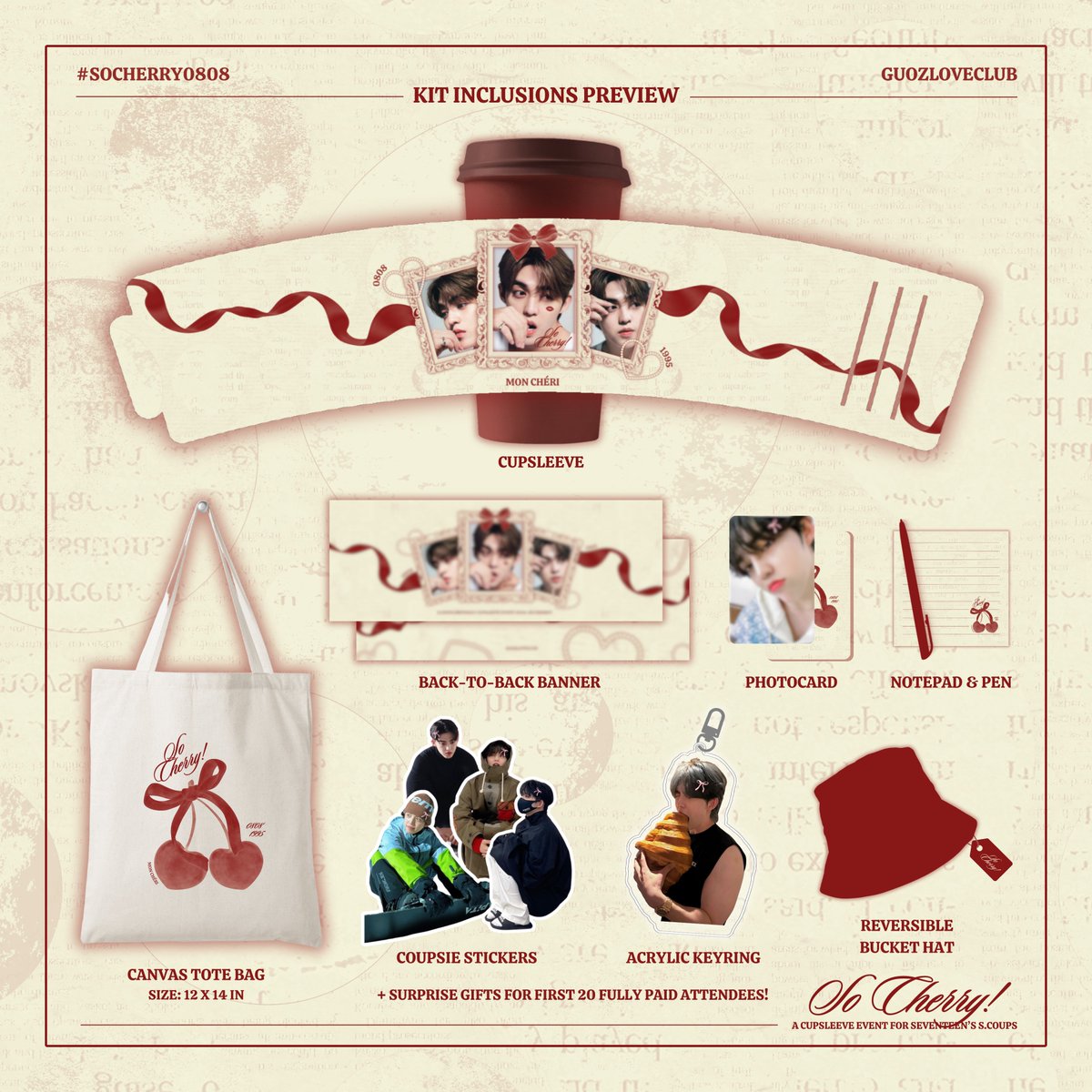 𝐒𝐎 𝐂𝐇𝐄𝐑𝐑𝐘.ᐟ KIT INCLUSIONS PREVIEW ♡  

Registration form will open tomorrow at 8:08 PM. Set your alarms now, CARATs! ❤

#SOCHERRY0808
#SCOUPS #에스쿱스