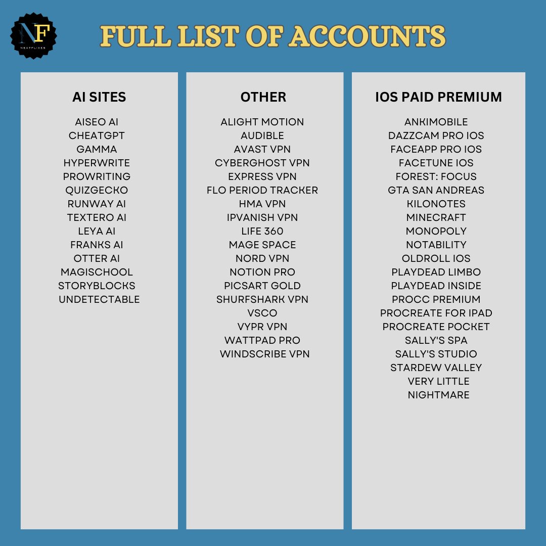 flixneat's tweet image. 𝐅𝐋𝐈𝐗𝐍𝐄𝐀𝐓:
𝘏𝘖𝘜𝘚𝘌 𝘖𝘍 𝘗𝘙𝘌𝘔𝘐𝘜𝘔 𝘈𝘊𝘊𝘖𝘜𝘕𝘛𝘚 

📌 FULL LIST OF PRICELIST
📌 WITH OVER 2000+ PR00FS
📌 LEGIT SINCE 2018
📌 CAN DO ACCOUNT FIRST
📌 DM TO AVAIL ANYTIME