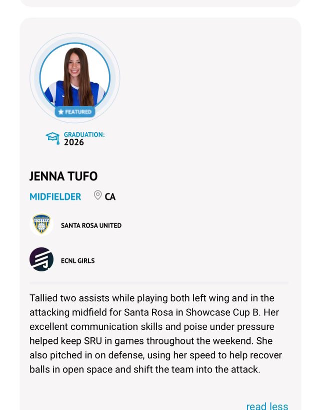 Jenna Tufo (CO 2026) (@jennatufo) on Twitter photo Wow! Thank you <a href="/soccerwire/">soccerwire</a> for featuring me as a “standout” from the ECNL National Playoffs 2024! I had a great time and couldn’t think of a better way to finish out my first season at SRU! #ecnlplayoffs #sru #soccer #classof2026 Wow! Thank you <a href="/soccerwire/">soccerwire</a> for featuring me as a “standout” from the ECNL National Playoffs 2024! I had a great time and couldn’t think of a better way to finish out my first season at SRU! #ecnlplayoffs #sru #soccer #classof2026