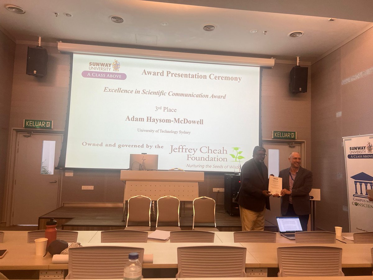 Congratulations, <a href="/AHaysomMcDowell/">Adam Haysom-McDowell</a> for "Excellence in Scientific Communication Award" at 2024 Postgraduate Symposium at <a href="/SunwayU/">Sunway University</a>. Proud of you! 
Thanks for your contribution to #UTSPharmacy <a href="/UTS_GSH/">UTS Graduate School of Health</a> <a href="/UTS_Health/">UTS Health</a> <a href="/UTSARCCIM/">ARCCIM</a> respiratory research team <a href="/Fettinasi/">Gabriele De Rubis</a> <a href="/DrKeshavRajPau1/">Keshav Raj Paudel</a>